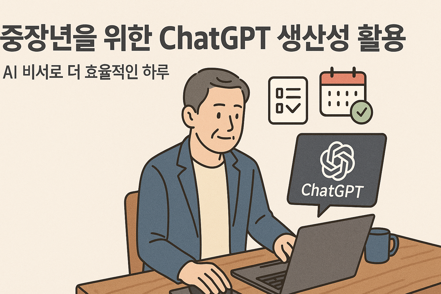 중장년 남성이 노트북으로 ChatGPT를 활용해 업무를 처리하는 모습. 책상 위에는 커피잔이 놓여 있고, 화면 위에는 체크리스트와 달력 아이콘이 함께 표시되어 생산성과 효율적인 하루를 상징한다