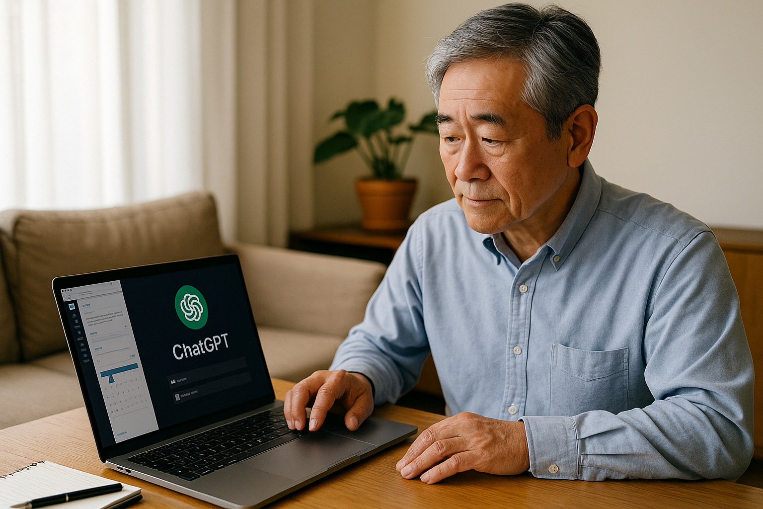 중장년층이 노트북에서 ChatGPT를 활용해 이메일과 일정 관리를 하는 모습