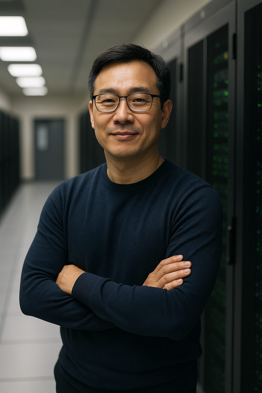 서버실 앞에서 자신감 있게 서 있는 40대 중반 IT 전문가, 20년 경력을 회고하는 모습