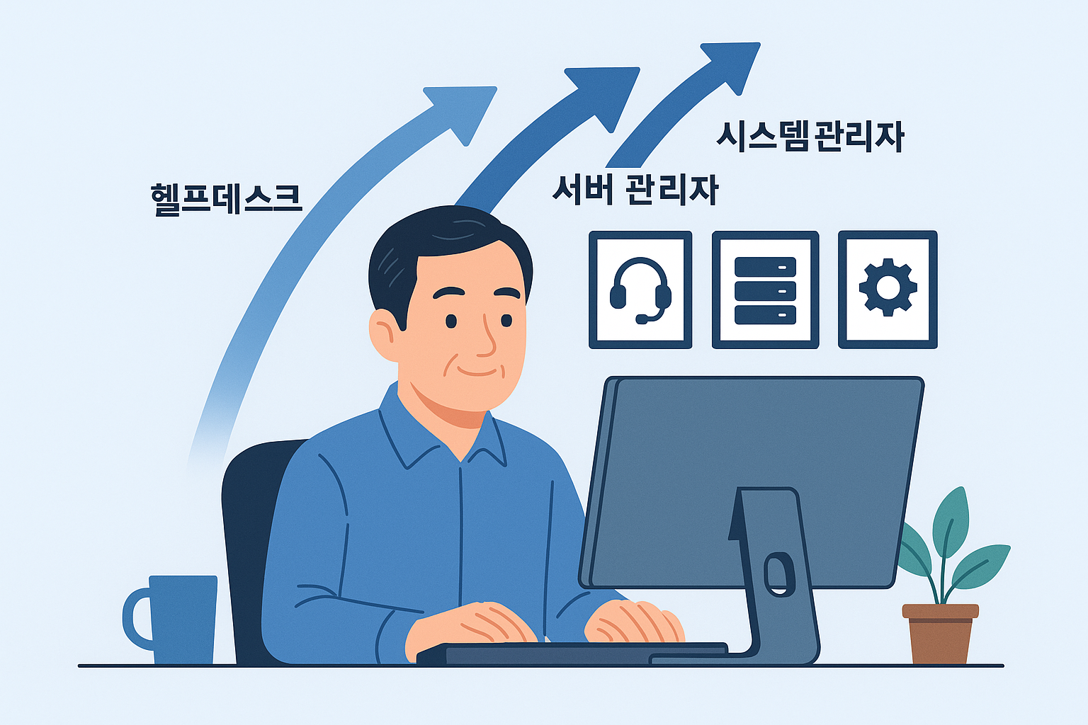 헬프데스크에서 시스템 관리자로 성장하는 IT 커리어 단계 플랫 일러스트
