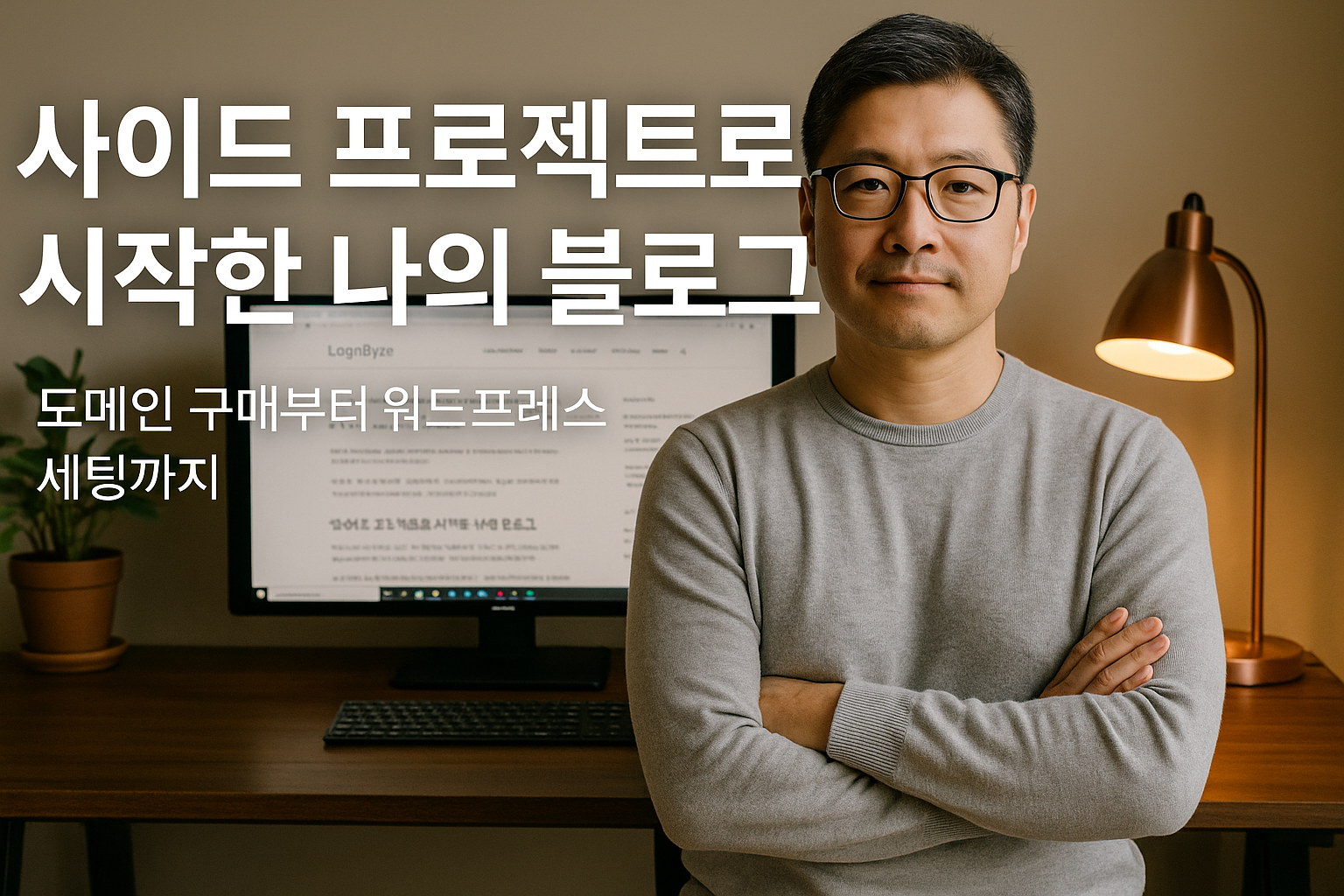 워드프레스 대시보드가 열린 노트북과 커피, 메모가 놓인 작업 공간 – LognByte 블로그 시작을 상징하는 대표 이미지