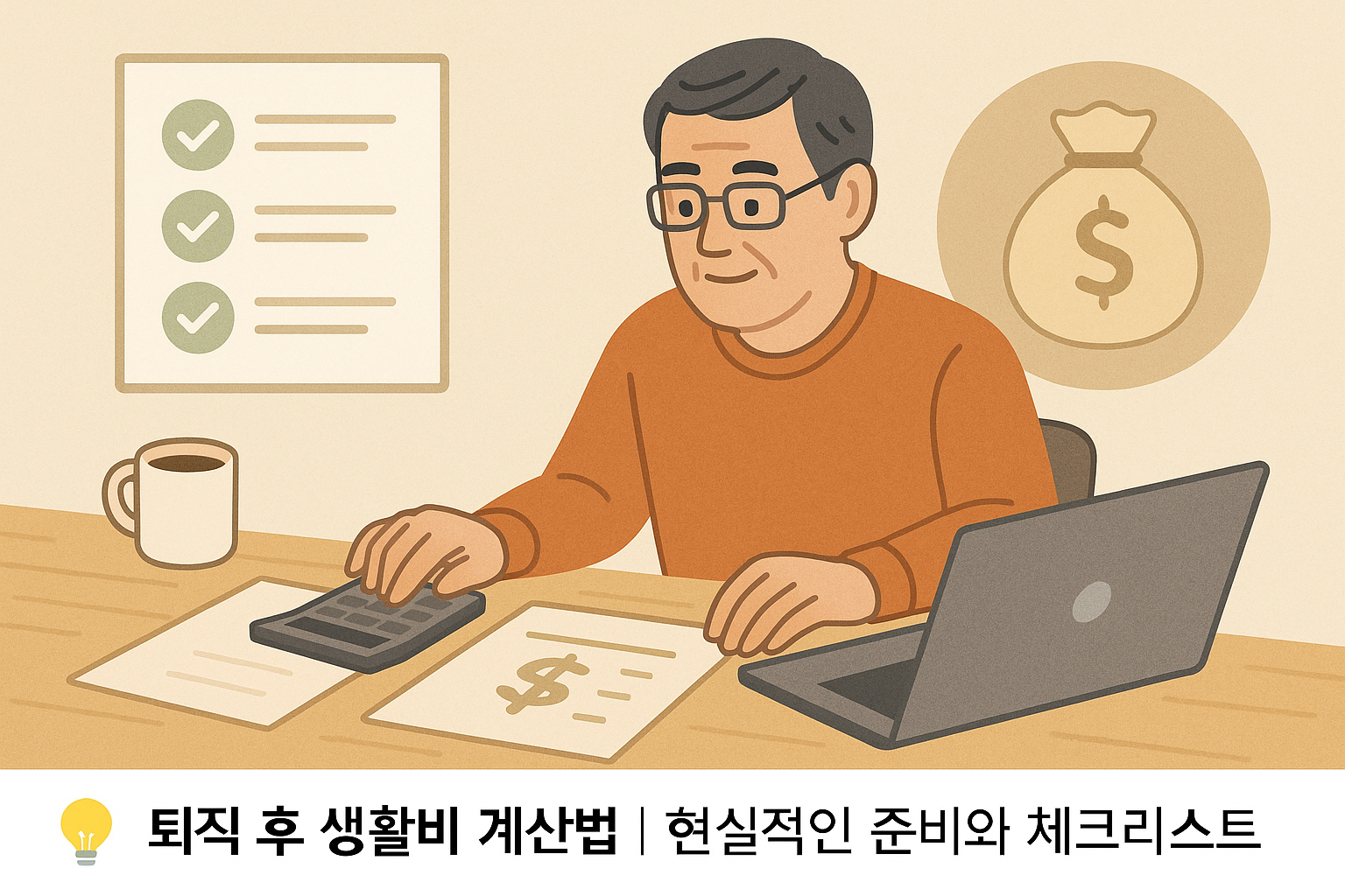 안경을 쓴 중장년 남성이 노트북과 계산기를 활용해 퇴직 후 생활비를 계산하는 모습. 책상 위에는 서류와 커피잔이 놓여 있고, 배경에는 체크리스트와 돈주머니 아이콘이 그려져 있어 재무 준비와 현실적인 계획을 상징한다